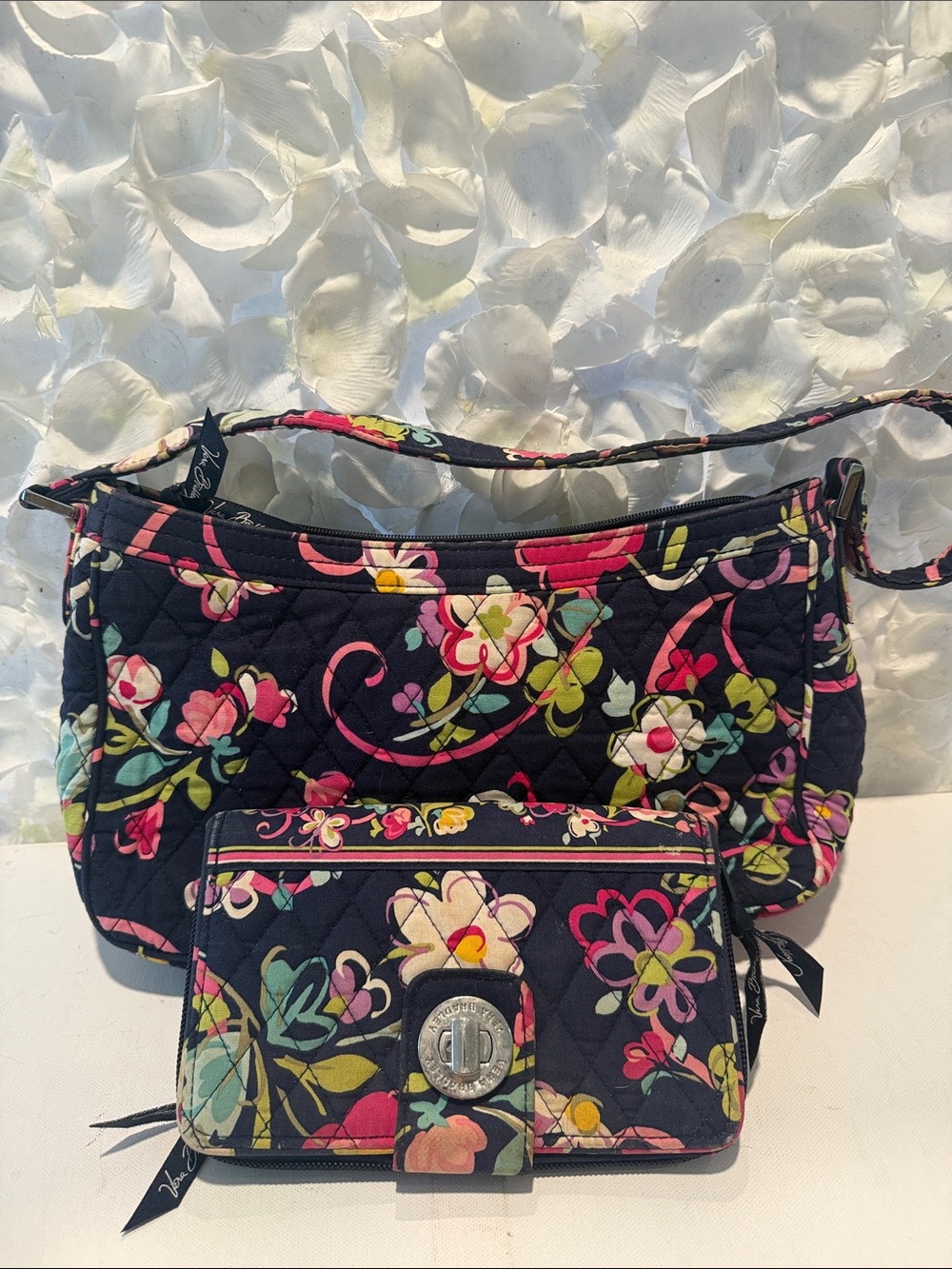 Vera Bradley Navy Quilted Floral Shoulder Bag with Matching Wallet